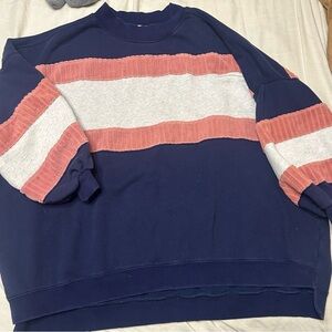 We The Free Navy and Coral Striped Crewneck Sweater